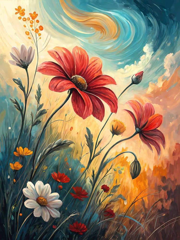 Oil Painting Style Vibrant Abstract Floral Modern Art Painting with Red & White Flowers