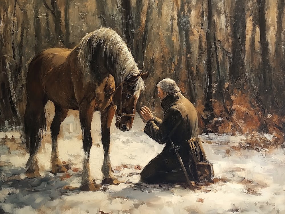 An oil painting of old man in front of his horse, with the winter forest behind him