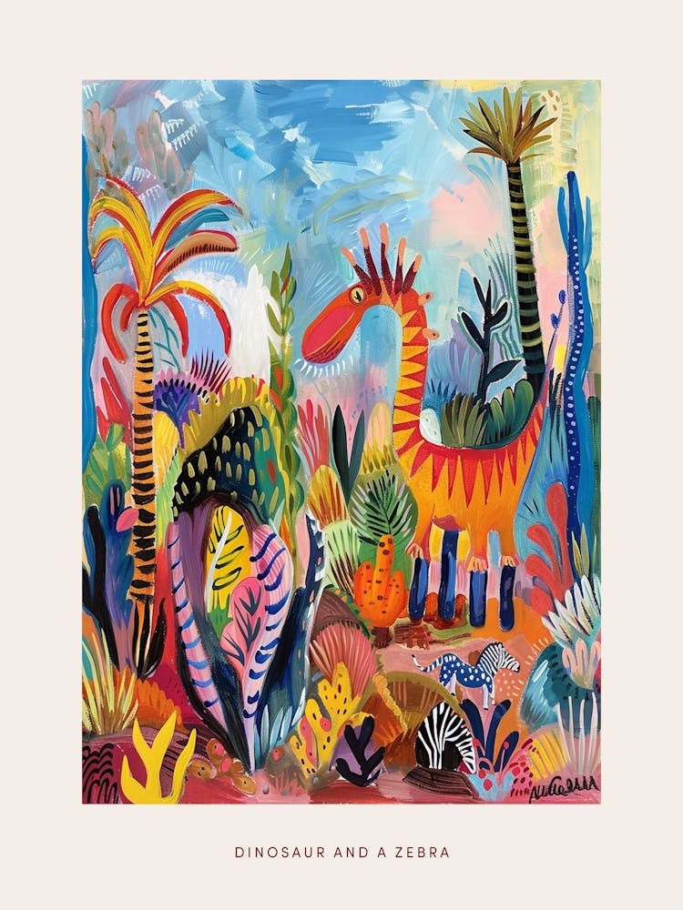 Dinosaur In The Wild With A Zebra 1 Poster