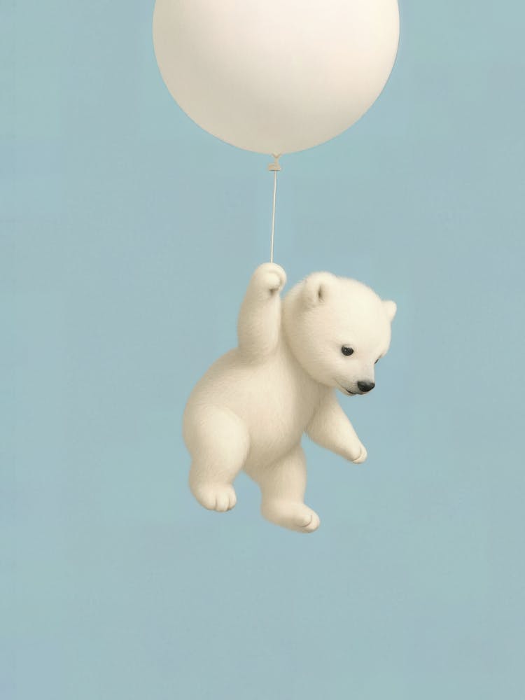 Floating Polar Bear Baby – Cute Blue Balloon Ride Poster: A fluffy polar bear floats peacefully through pastel skies with a soft blue balloon. A gentle and sweet illustration perfect for nurseries, baby rooms, and anyone who loves dreamy, cozy animal art.
