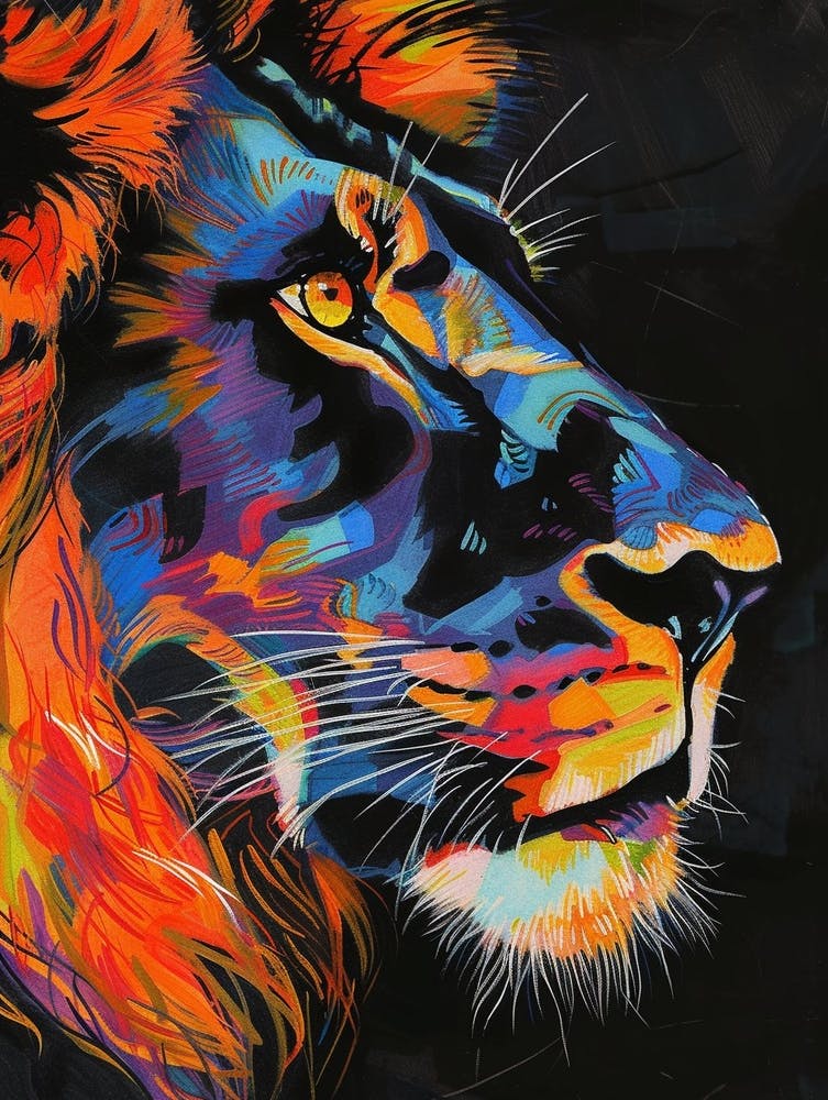 Black Lion Portrait Close Up Fauvist Painting 1