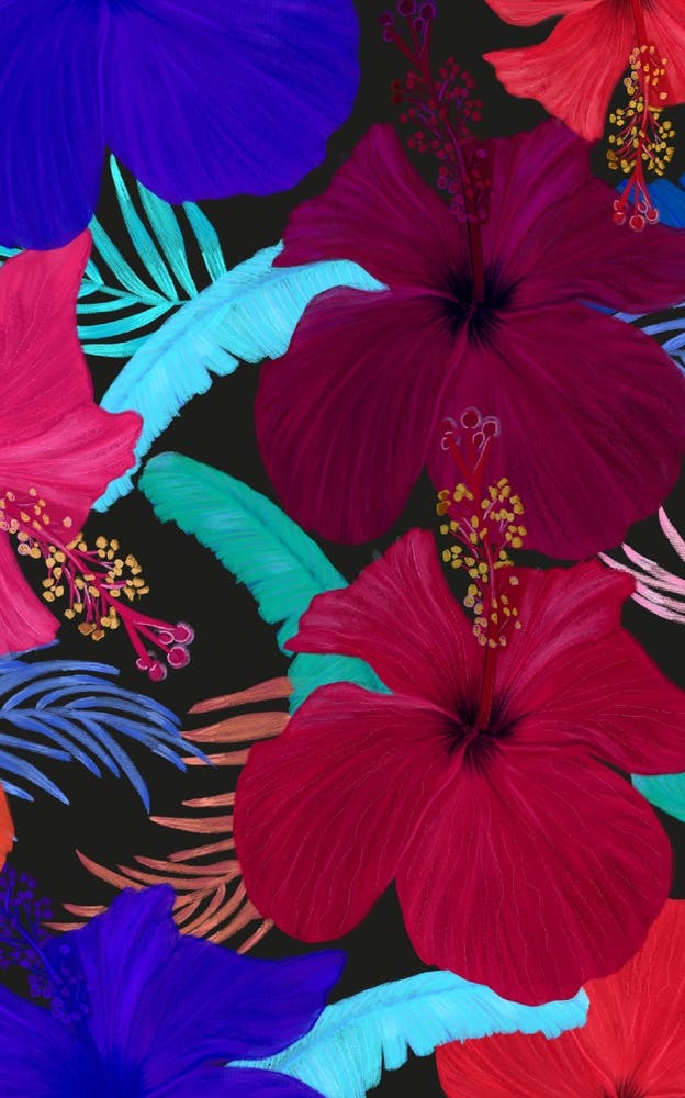 Cute Hibiscus And Tropical Leaves Vibrant Pattern