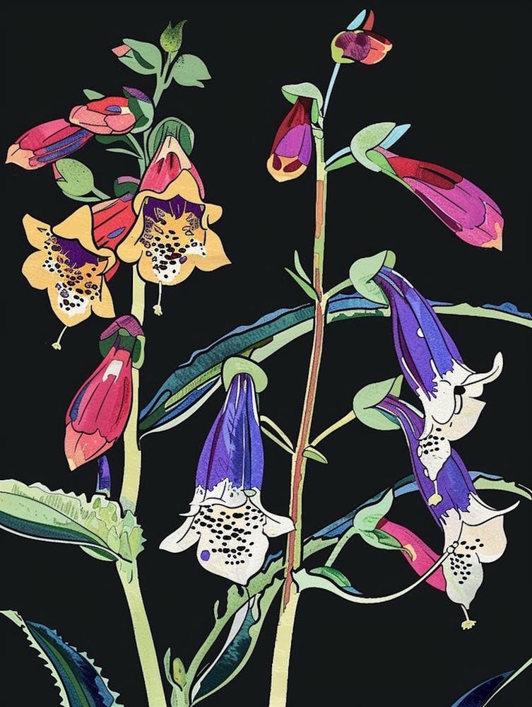 Neon Flowers On Black Foxglove 1
