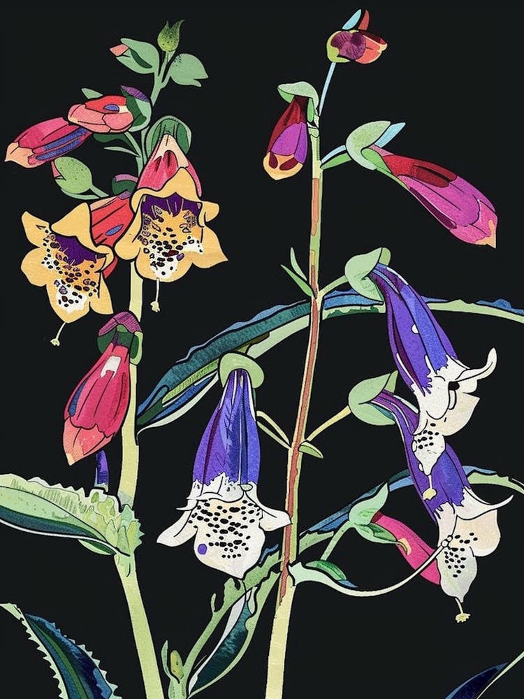 Neon Flowers On Black Foxglove 1