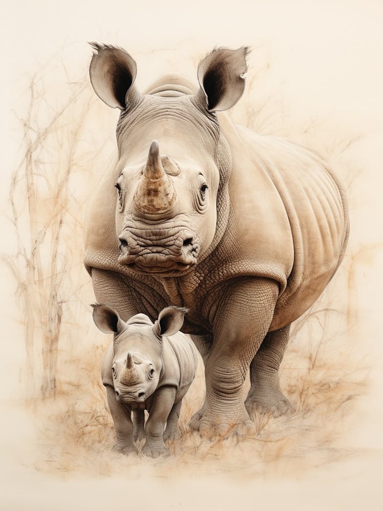 Rhino & Baby Rhino Detailed Illustration 2