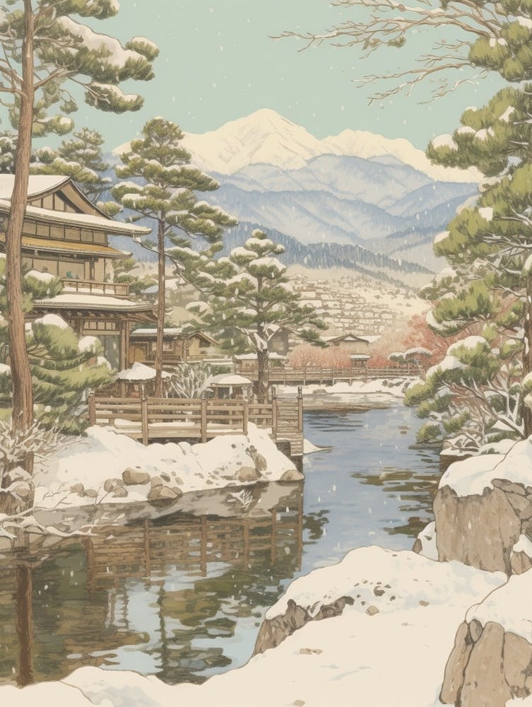 Vintage Winter Illustration Hakone Japan 1