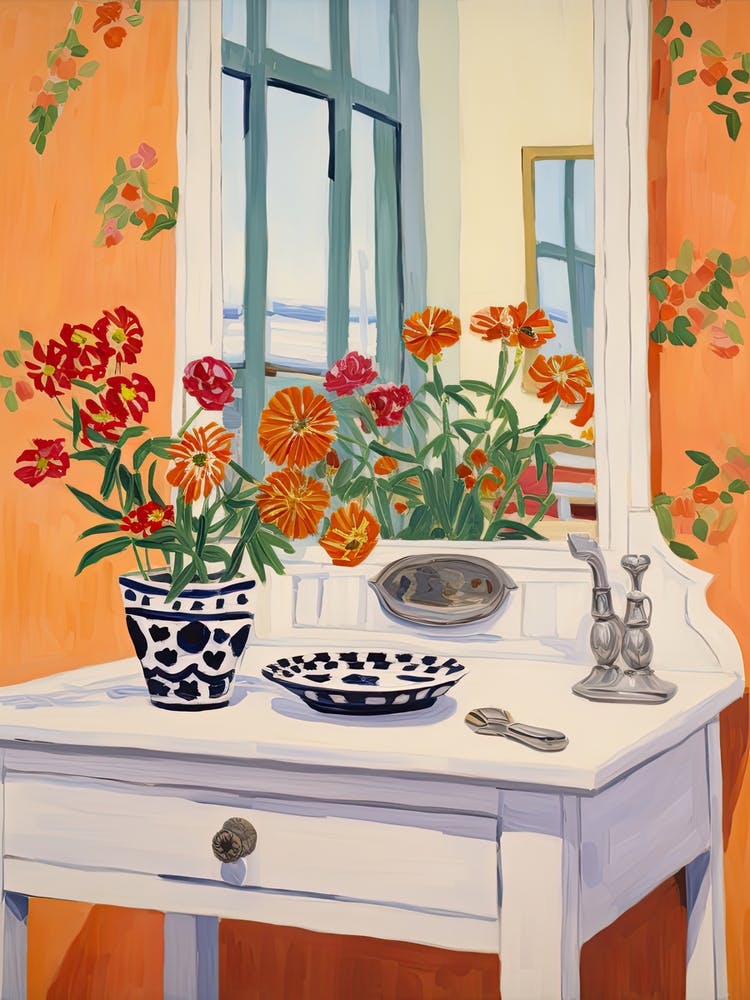 Bathroom Vanity Painting With A Marigold Bouquet 1