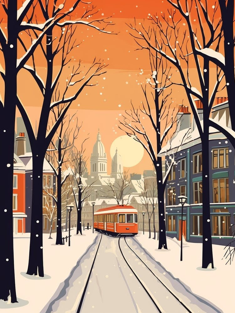 Vintage Winter Travel Illustration Cardiff United Kingdom 1