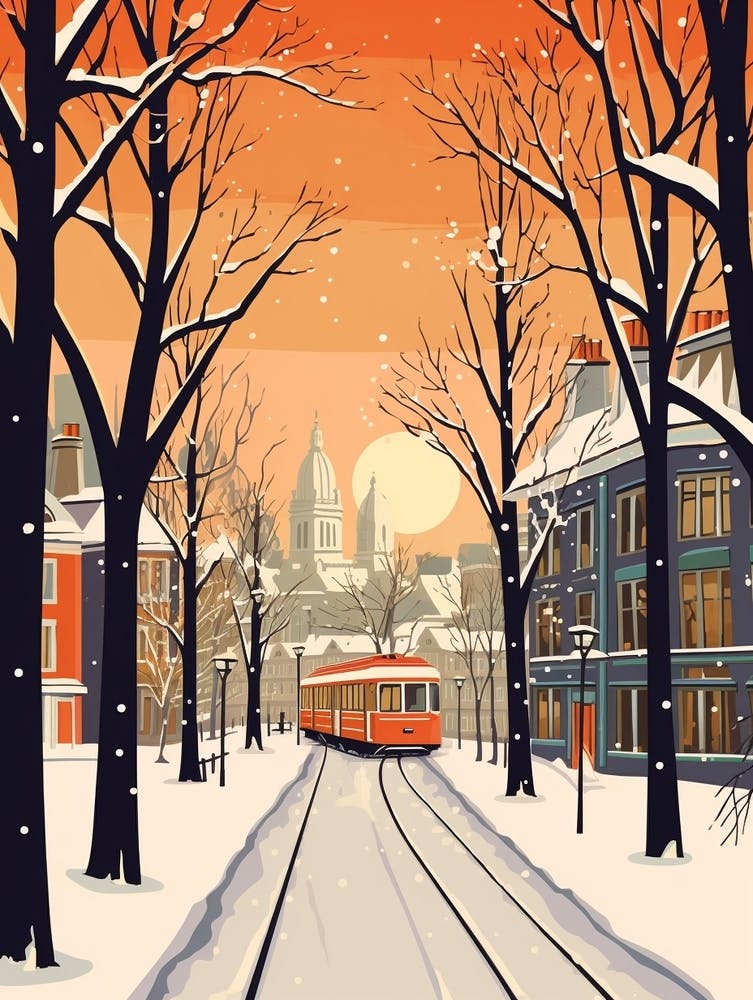 Vintage Winter Travel Illustration Cardiff United Kingdom 1