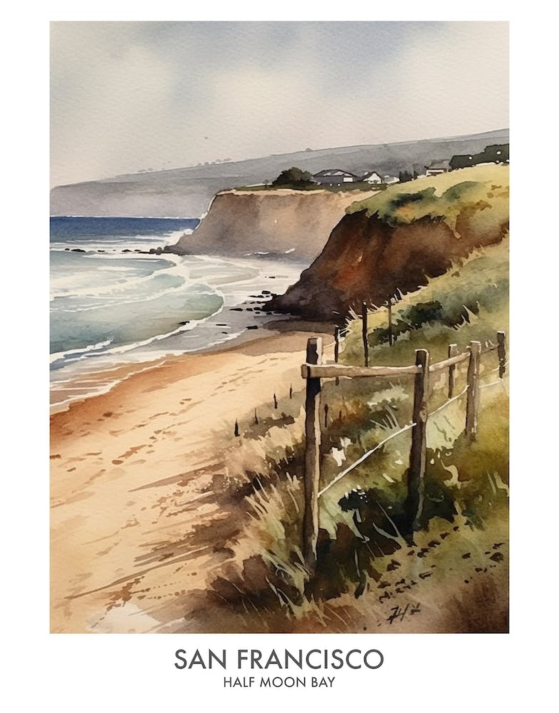 Half Moon Bay, San Francisco 3 Watercolor Travel Poster