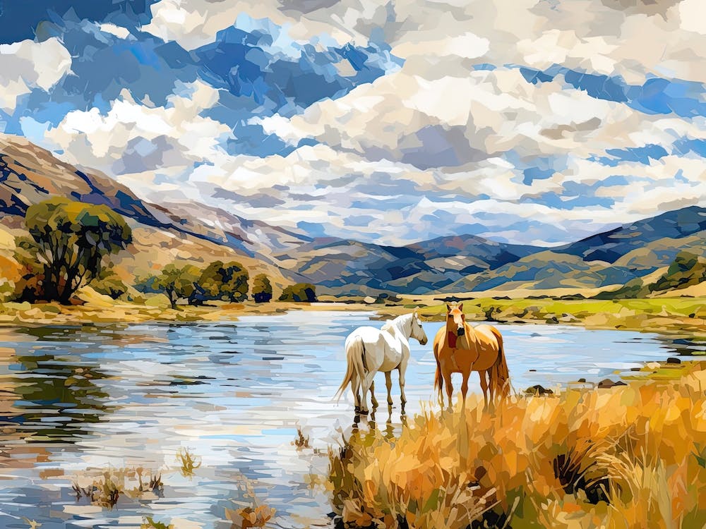 Horses Painting In Lake District, New Zealand, Landscape 3