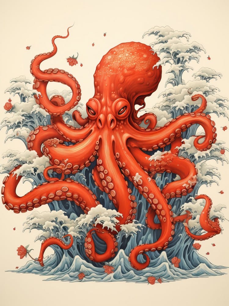 Octopus Animal Drawing In The Style Of Ukiyo E 4