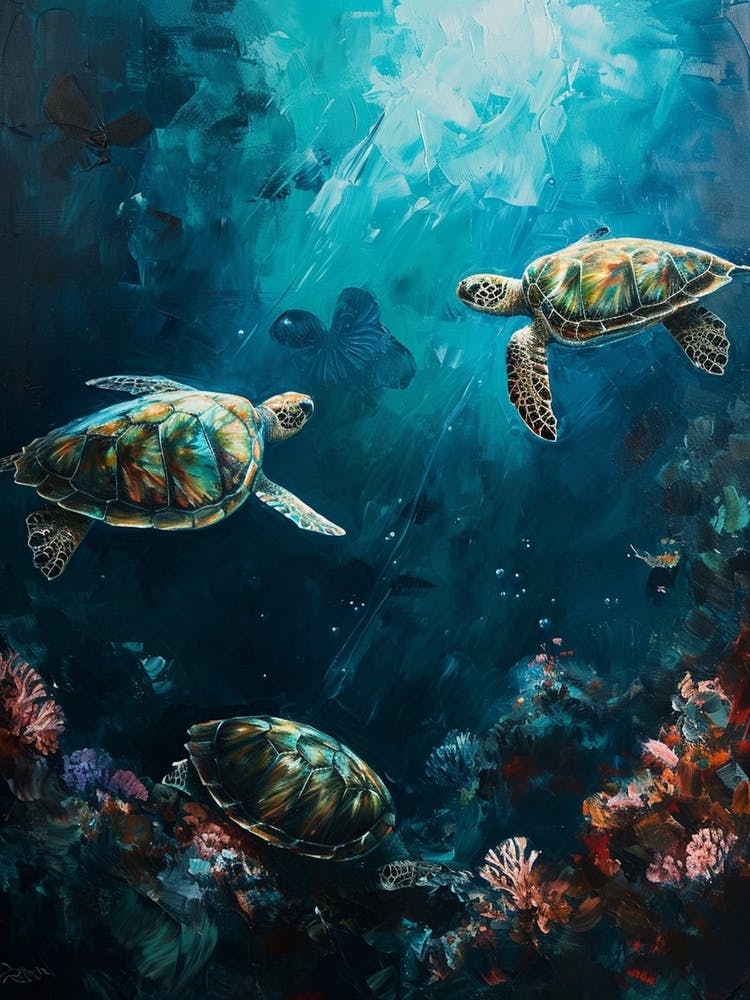 Sea Turtles Illuminated By The Light Underwater 4