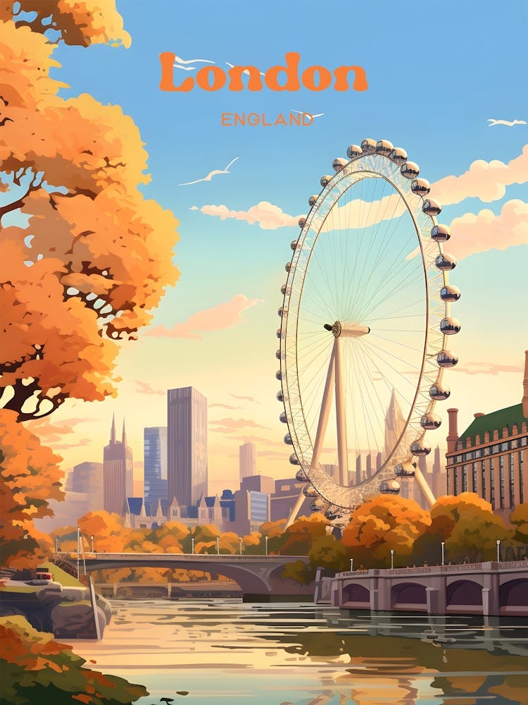 London England Millennium Wheel Travel Art Illustration