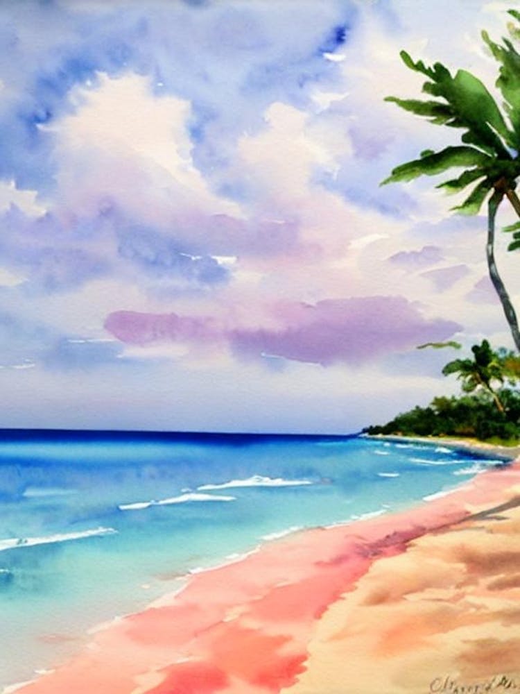 Seven Mile Beach, Jamaica Pink Watercolour