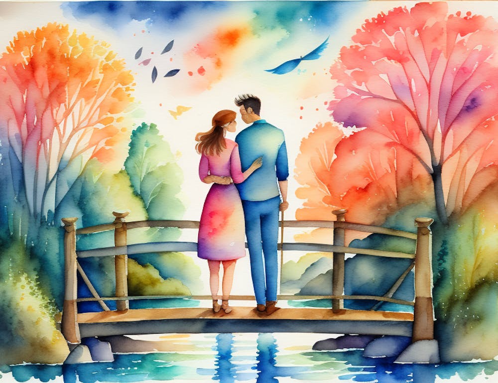 Watercolor Couple On A Bridge