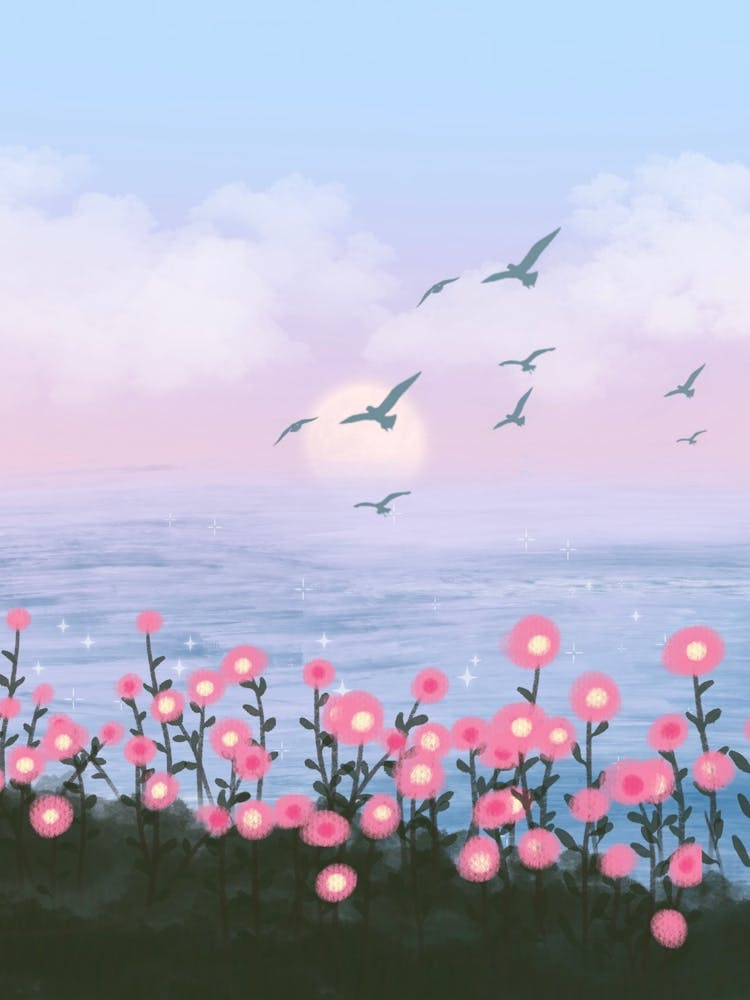 Pink Flowers At Sunset 1