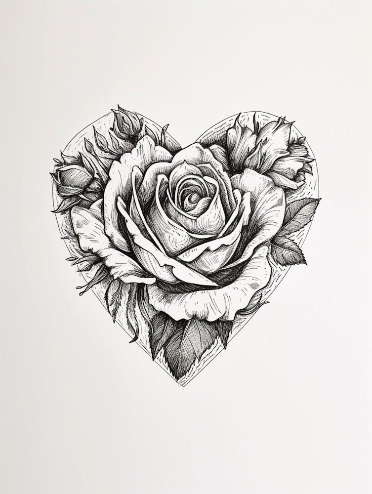 English Rose In A Heart Line Drawing 1