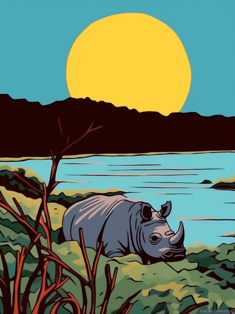Rhino In The Wild Geometric Block Colour Illustration 2