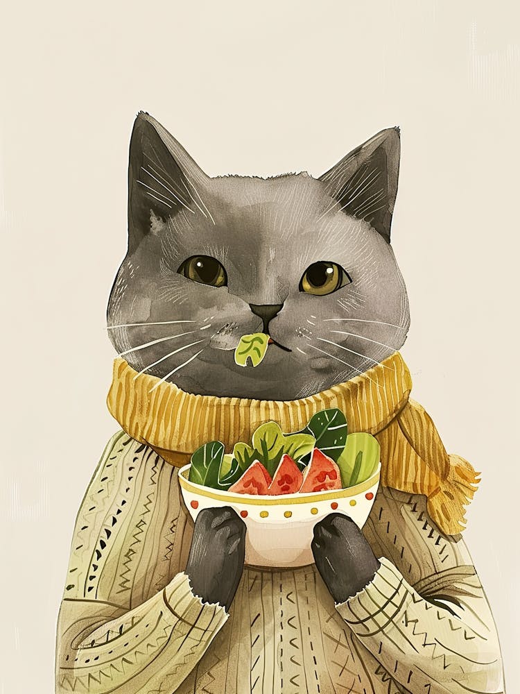 Cute Cat Eating Salad Folk Illustration 3