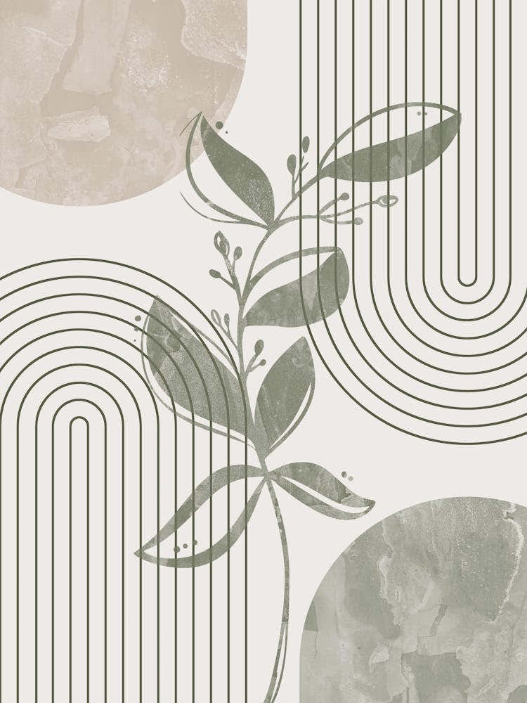 Boho Botanical Art, Sage Green and Beige Mid-Century Modern, Abstract Line 1
