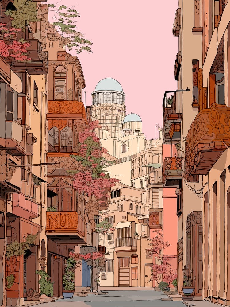 Beirut Lebanon 3 Vintage Pink Travel Illustration