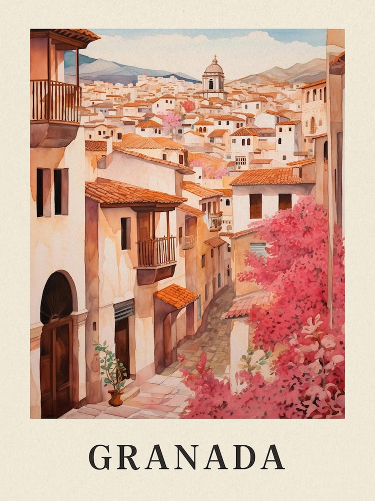 Granada Spain 7 Vintage Pink Travel Illustration Poster