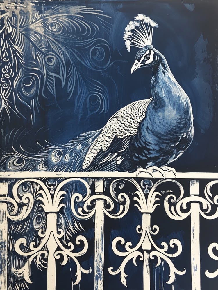 Peacock On Fancy Railing Linocut Inspired 3