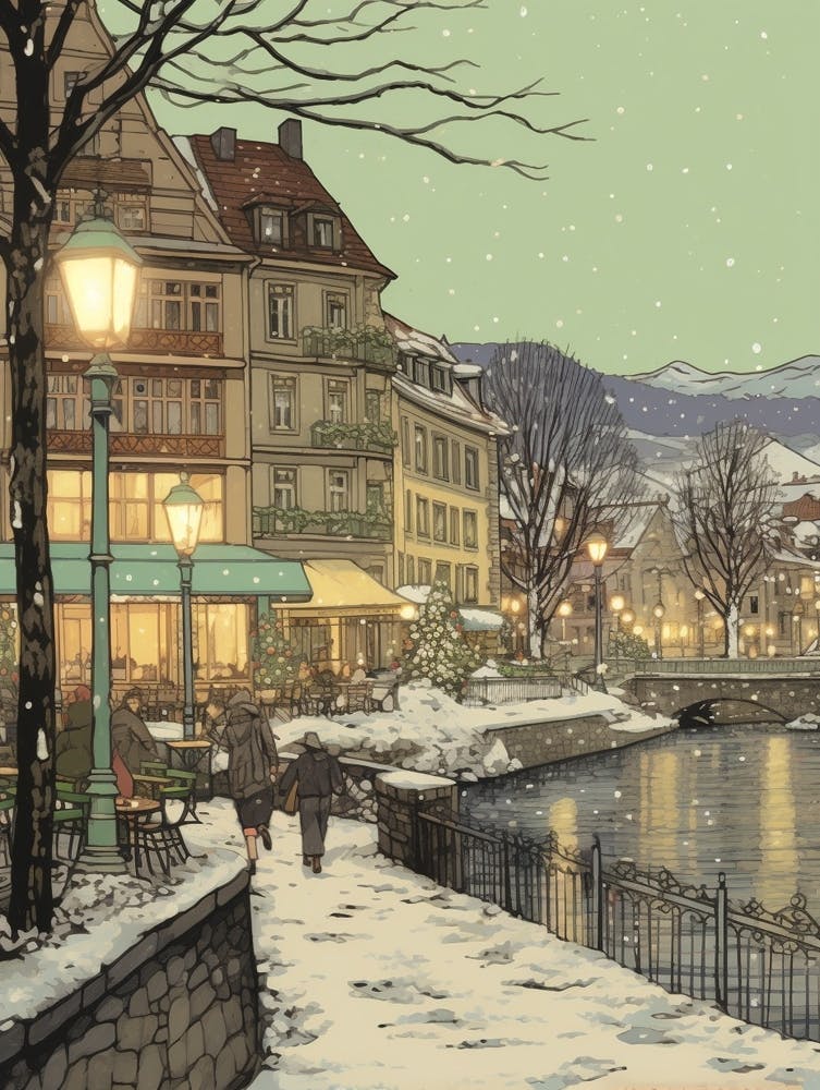 Vintage Winter Illustration Zurich Switzerland 2