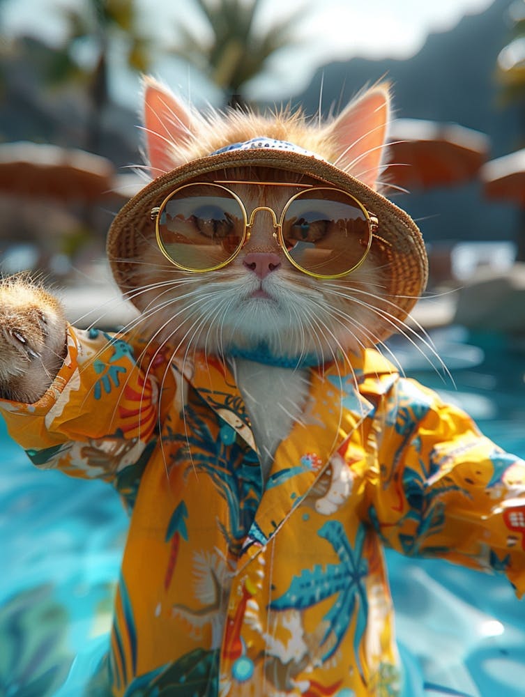 Cool Hololive Production Full Body Character Of A Playful And Cute Female Cat Model Posing In A Casual Summer Beach Outfit With An Abstract Cyanobenthic Print; Near A Blue Swimming Pool, In Motion