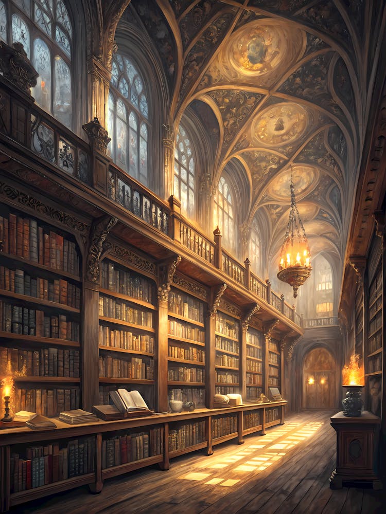 Enchanted Grand Library Magical Bookshelves with Glowing Light