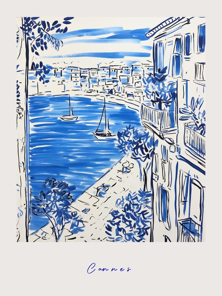 Cannes France 3 Mediterranean Blue Drawing Poster