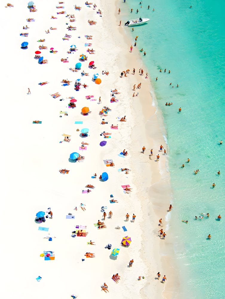 Vibrant White Sand Beach Aerial Print - Overhead Crowded Shore