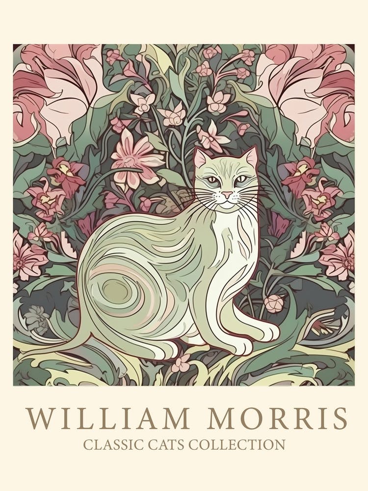 William Morris  Inspired  Classic Cats In Sage And Pink