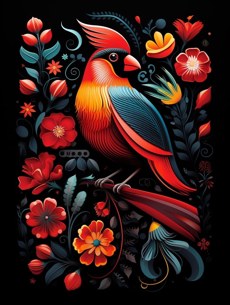 Folk Bird Illustration Northern Cardinal 1