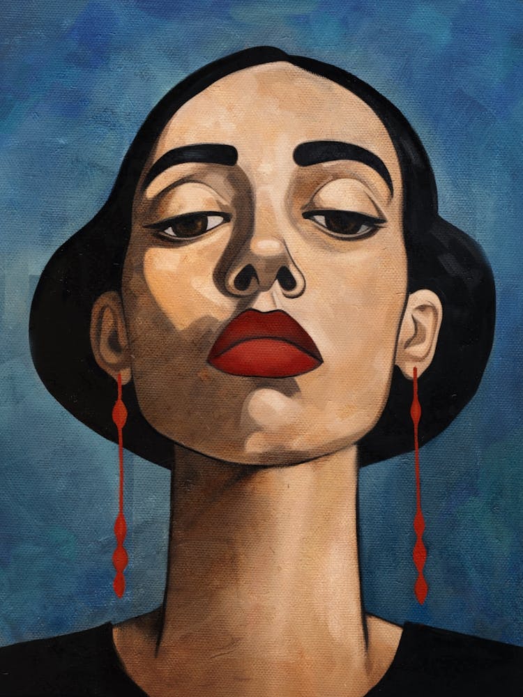Woman With Earrings on a Blue Background
