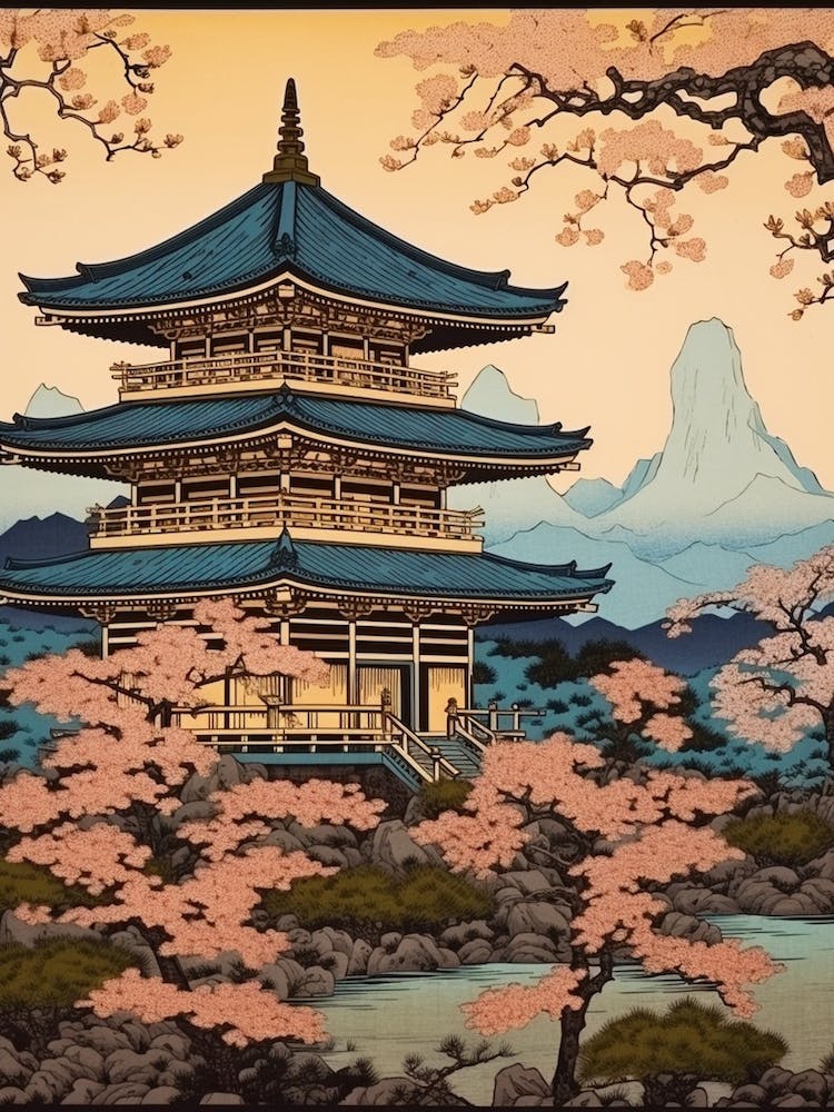 Ryoan Ji Temple, Japan Vintage Travel Art 2