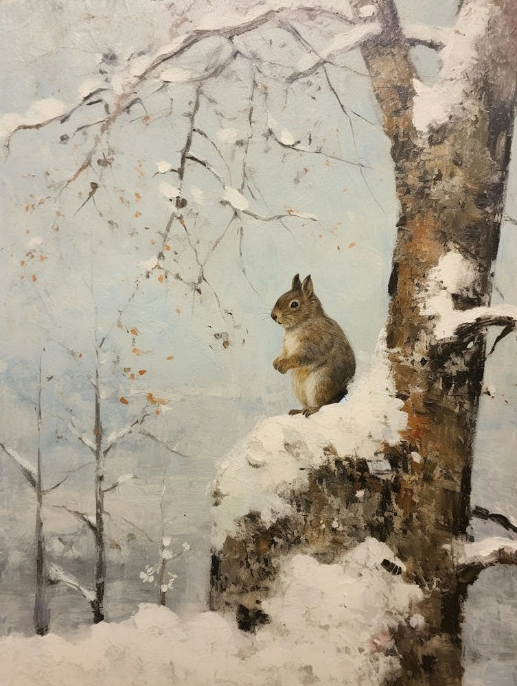 Vintage Winter Animal Painting Squirrel 2