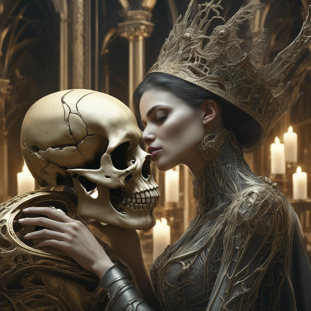 A Halloween Princess Kissing A Skull Sf Intricate Artwork Masterpiece Ominous Matte Painting Mo