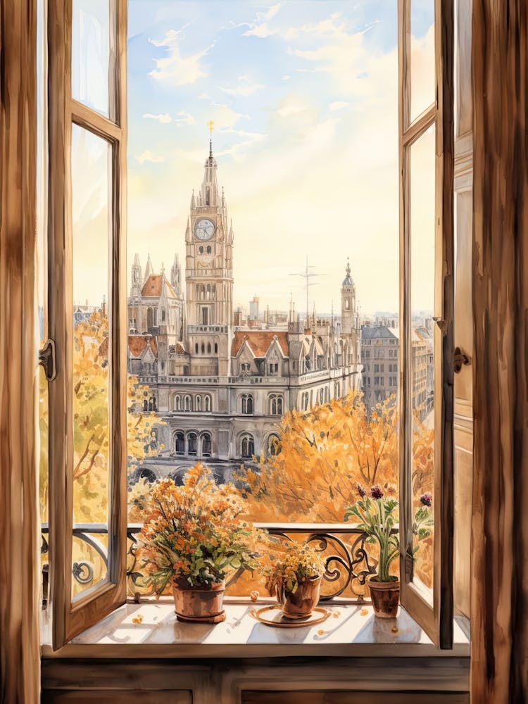 Window View Of Milan Italy In Autumn Fall, Watercolour 3
