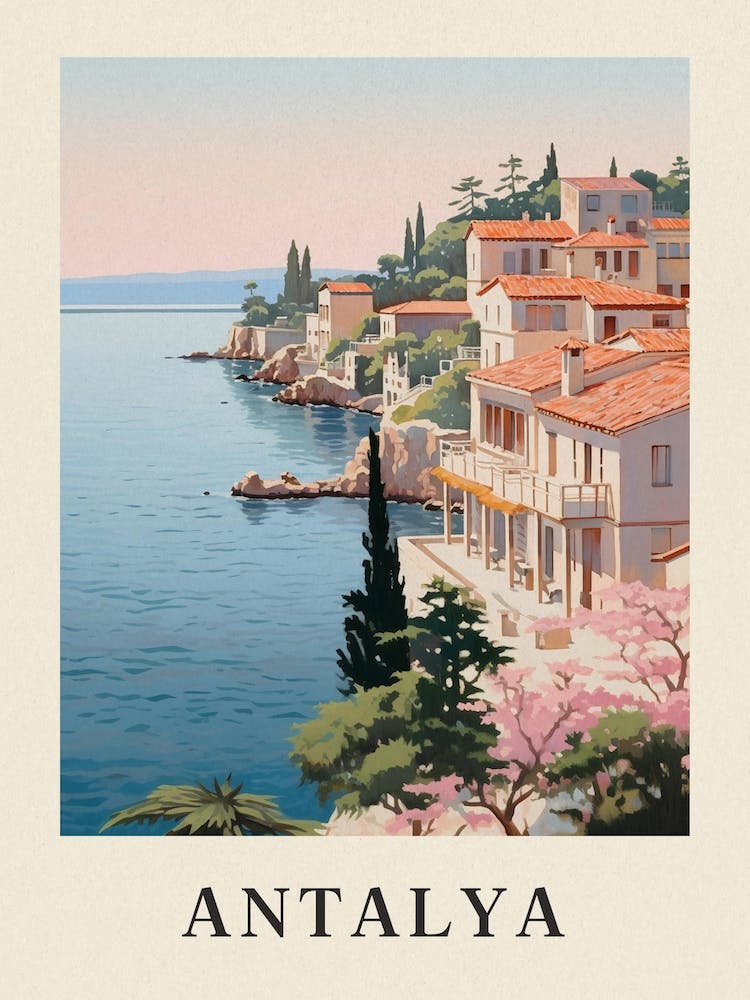 Antalya Turkey 1 Vintage Pink Travel Illustration Poster