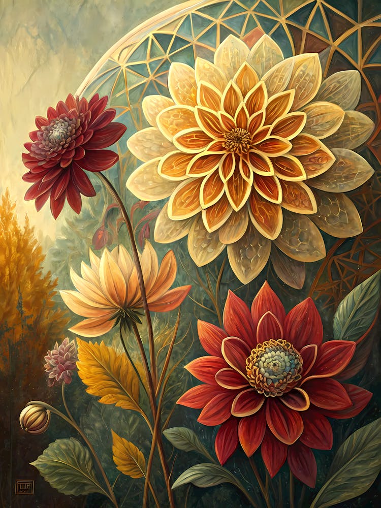 Oil Painting Style Vibrant Dahlia Garden Abstract Floral Stained Glass Art