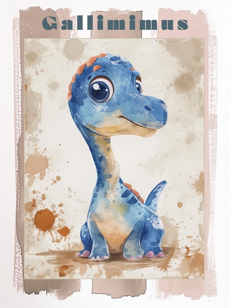 Cute Cartoon Gallimimus Dinosaur Watercolour 1 Poster