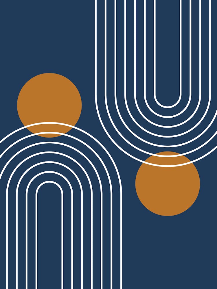 Mid Century Modern Geometric B15 In Navy Blue And Copper (Rainbow And Sun Abstract) 01