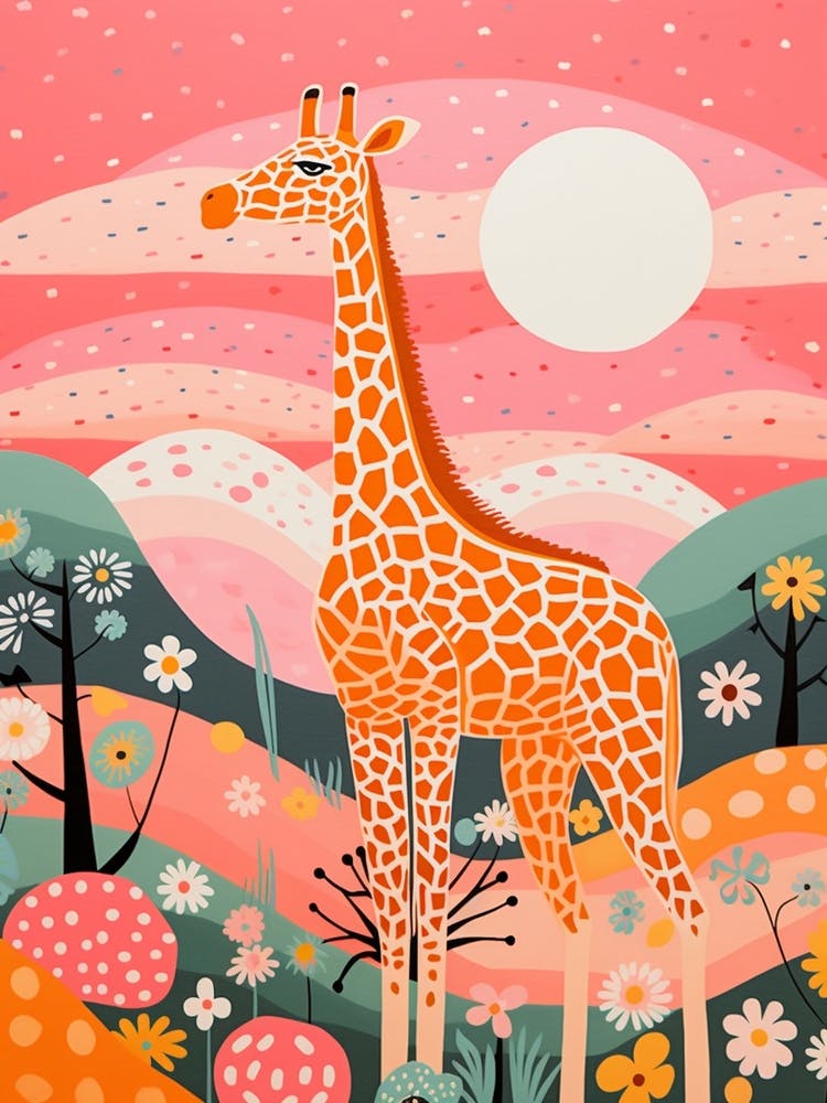 Giraffe With Trees In The Background Pink & Mustard 3