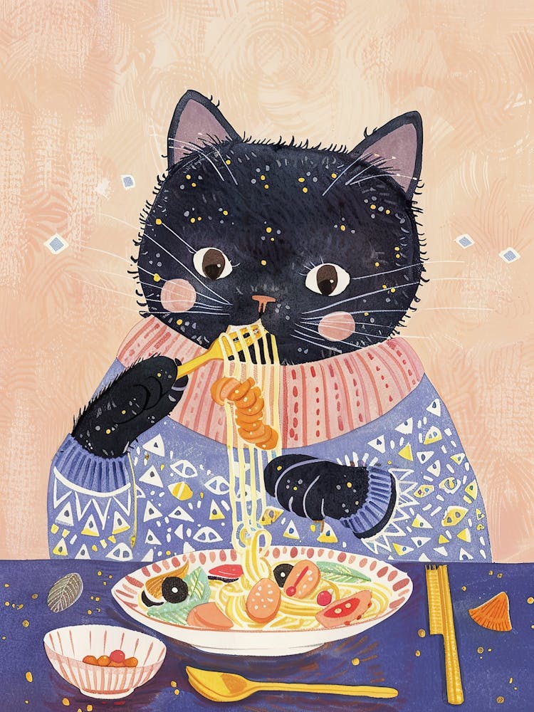 Schwarze Katze isst Pasta Folk Illustration 3