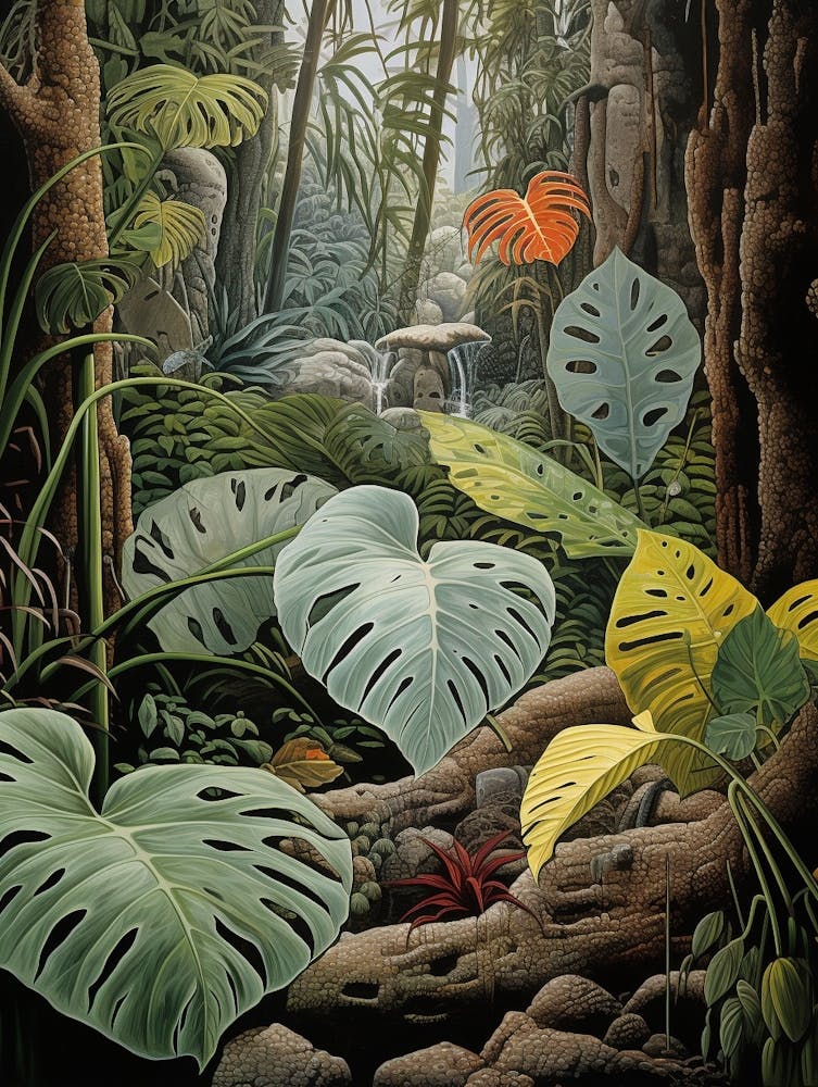 Vintage Jungle Botanical Illustration Swiss Cheese Plant 1