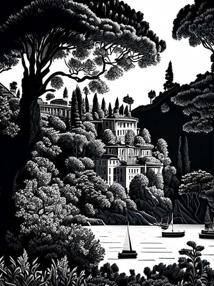 Isola Bella, 1, Italy Linocut Black And White Vintage