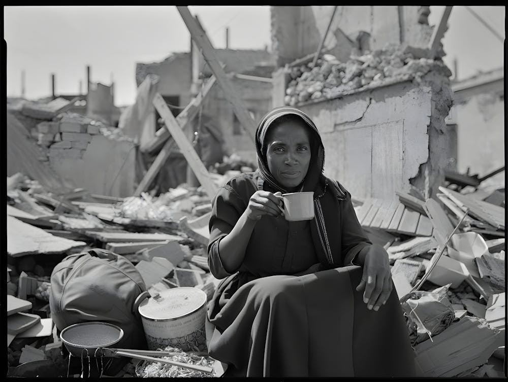 Resilience in Ruins: Woman Amidst Devastation