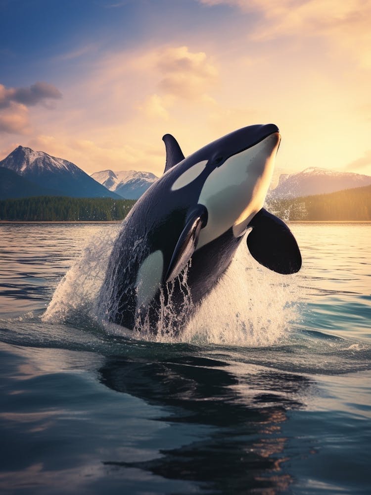 Realistic Orca Whale Diving Out Of Water At Dusk